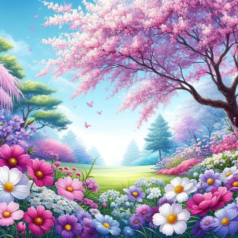 Cartoon Scenery Landscapes, Dino Shoes, Spring Cartoon, Spring Flowers Background, Spring Scenery, Flower Background Images, Flowers Background, Canvas Painting Tutorials, Spring Landscape