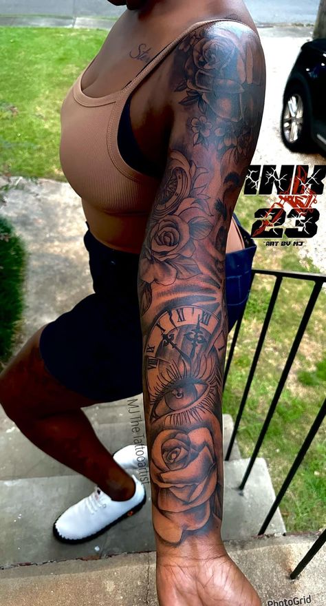 Arm Sleeve Tattoos Aesthetic, Flowered Sleeve Tattoo, Growth Sleeve Tattoos For Women, Forarm Tattoos Woman Floral, Full Sleeve Tattoo Black Woman, Spiritual Tattoo Sleeve Women, Full Sleeve Tattoos Women Ideas, Tattoo Ideas Female Sleeve Black Women, Peaceful Tattoos Ideas Spiritual