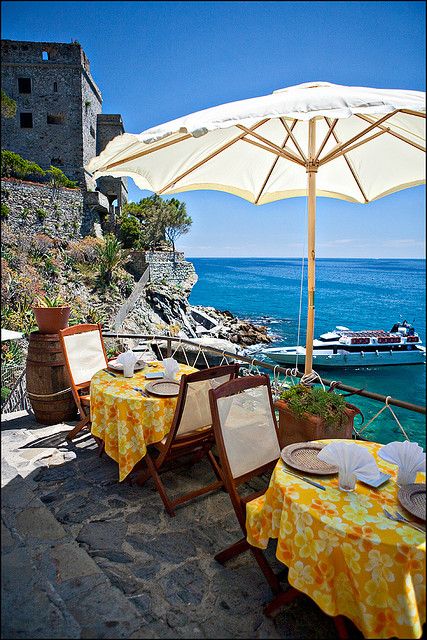 Dining in Monterosso, Cinque Terre, Italy Under An Umbrella, Cinque Terre Italy, Goal Setting, Vacation Destinations, Cyprus, Wonderful Places, Vacation Spots, Italy Travel, Dream Vacations