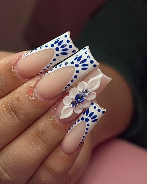 Mexican Style Acrylic Nails, White And Blue Glitter Nails, Blue And White Mexican Nails, Blue Nails For Quince, Summer Latina Nails, Dark Blue Nails Inspiration, Latina Nail Inspo Medium, Red Latina Nails, Cute Latina Nails