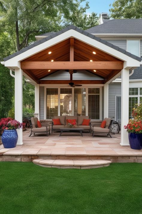 Top 25 Patio Roof Ideas to Transform Your Outdoor Space » Comfy Ideas Gable Roof Covered Patio, Roof Extended Over Patio, Hip Roof Patio Cover, Backyard Covered Seating Area, Covered Patio Backyard Ideas, Gable Covered Patio, Gabled Patio Cover Roof Ideas, Add On Patio Roof, Gable Back Porch Patio