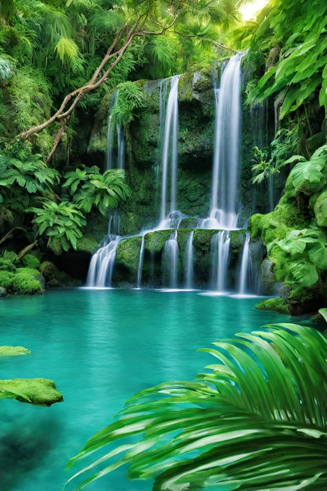 AI Generated Image #tropical #waterfall Tropical Rainforest Waterfall, Fairy Waterfall, Waterfall Pics, Island Waterfall, Rainforest Waterfall, Tropical Waterfall, Beautiful Places In Usa, Waterfall Wallpaper, Forest Waterfall