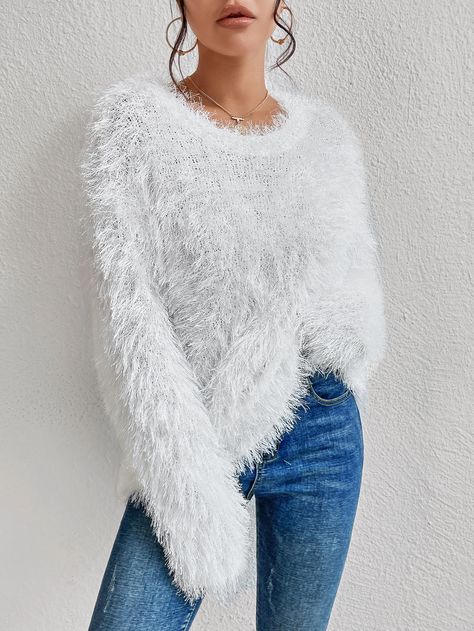 White Elegant Collar Long Sleeve Worsted Plain Pullovers Embellished Slight Stretch  Women Knitwear Ootd Sweater, Ootd Winter, Fashion Portfolio, Women Sweaters, Fuzzy Sweater, Diy Food, Knitwear Women, Fashion Online Shop, Boho Outfits