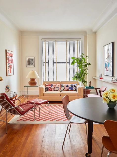 Upper West Side Apartment, Best White Paint, Eclectic Living, California Closets, New York City Apartment, Printed Chair, Eclectic Living Room, Mid Century Armchair, Paint Brands