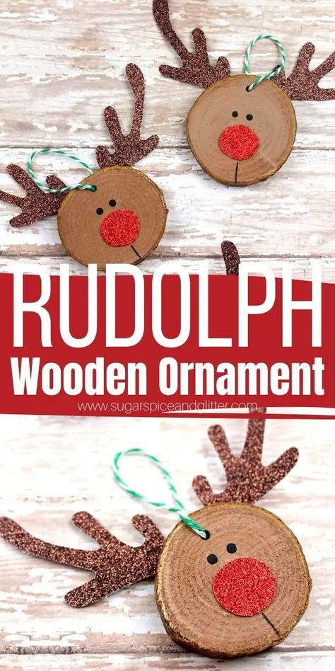 Diy Ornament Wood Slice, Burlap Reindeer Ornament, Diy Ornaments Reindeer, Diy Kids Crafts Christmas, Cool Things To Make Out Of Wood Simple, Diy Wood Ornaments Kids, Kids Christmas Tree Ornaments Diy, Xmas Wood Ornaments, Christmas Diy Kids Gifts