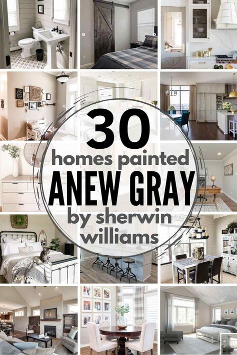 Is Sherwin Williams Anew Gray your perfect Greige paint color? See it in 30 real homes so you can decide for yourself! We'll break down the color, explore the undertones and more in this in-depth paint exploration! Anew Grey Color Palette, Greige Paint Sherwin Williams, Sherwin Williams Anew Gray, Sherwin Williams Greige, Anew Gray Sherwin Williams, Sherwin Williams Agreeable Gray, Greige Paint Color, Perfect Grey Paint Color, Perfect Greige