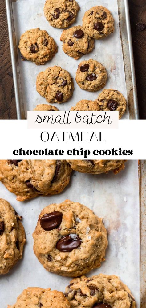 These small batch oatmeal chocolate chip cookies are a soft and chewy twist on the classic chocolate chip cookie. Whole rolled oats give them a heartier texture and nutty flavor that is perfect with chocolate chips and a hint of cinnamon. Rolled Oats Cookies, Small Batch Oatmeal Chocolate Chip, Small Batch Chocolate Chip Cookies, Small Batch Cookie Recipe, Small Batch Cookies, Oatmeal Chocolate Chip Cookie Recipe, Oatmeal Chocolate Chip, Oat Cookies, Oatmeal Chocolate