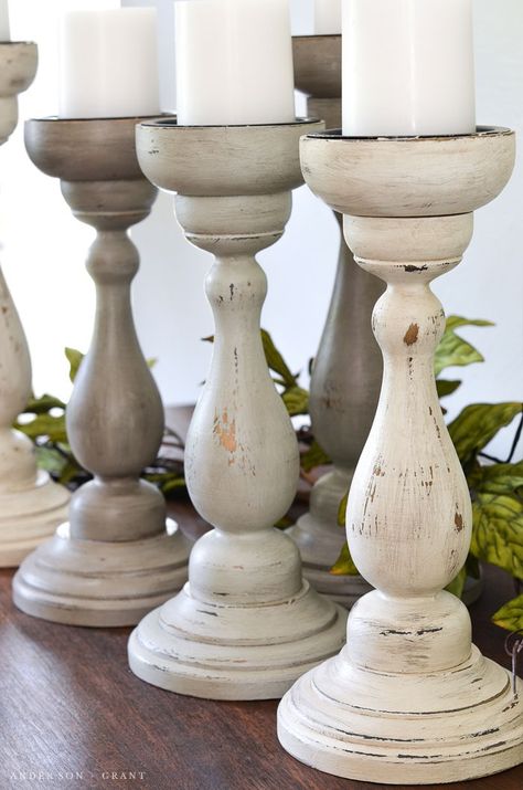 Thrift Store to Farmhouse Home Decor: DIY Upcycled Candle Sticks - The Cottage Market Candle Pillars, Candle Upcycle, Farmhouse Candle Holders, Painted Candlesticks, Thrifted Home Decor, Thrift Store Decor, Cottage Market, Thrift Store Crafts, Diy Candle Holders