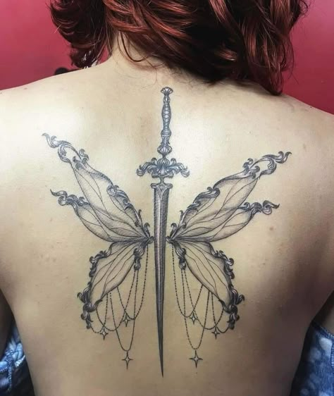 Fair Wing Tattoo, Fairy Back Tattoo Wings, Fae Wings Tattoo, Celtic Fairy Tattoo, Anime Back Tattoo Women, Dark Fairy Wings Back Tattoo, Dark Fairy Wings Tattoo, Fairy Neck Tattoo, Gothic Fairy Wings Tattoo