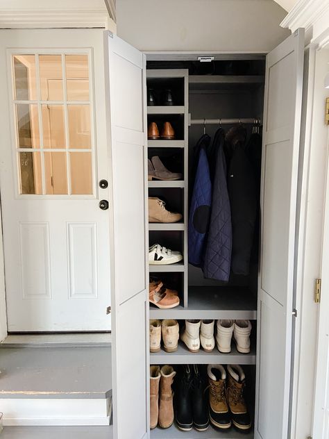 mudroom storage Closet To Mudroom Convert, Closet To Mudroom, Mudroom Storage, Mudroom Closet, Dream Closet Design, Mud Room Storage, Coat Closet, Closet Design, House Stuff