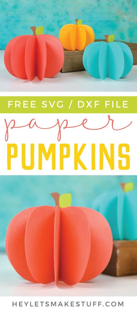 Everyone loves pumpkin decor! These 3D paper pumpkins are perfect for both Halloween and fall decorating! Make them using your Cricut and this free pumpkin SVG file! 3d Paper Pumpkins, 3d Paper Pumpkin, Fall Paper Crafts, Vinyle Cricut, Paper Pumpkins, Halloween Paper Crafts, Idee Cricut, Halloween And Fall, Autumn Paper