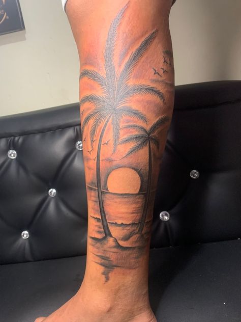 Palm Tree Silhouette Tattoo, Palm Tree Tattoo Side Ribs, One Of One Tattoo Men, Men Palm Tree Tattoo, Be Like Water Tattoo, Jamaican Tattoo Ideas For Men, Calf Tattoo Men Ideas Design, Florida Tattoo Ideas For Men, Florida Themed Tattoos