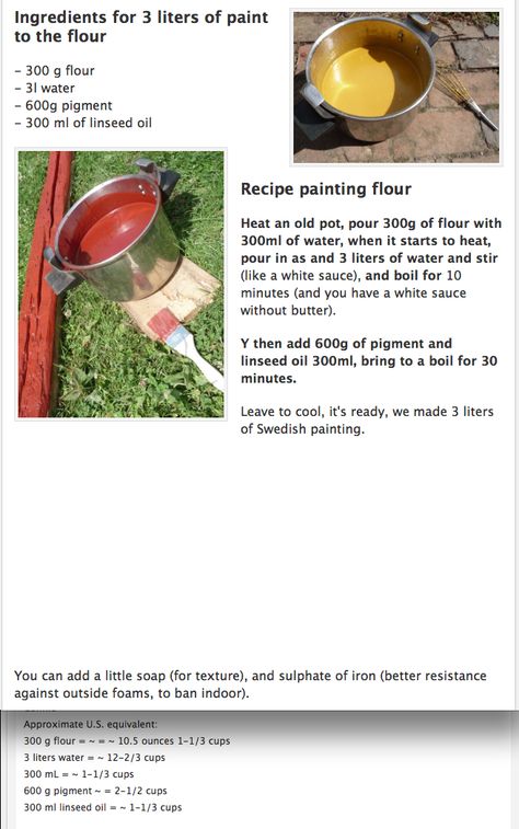 Recipe for exterior paint!  Swedish paint! Swedish Flour Paint, Swedish Paint, Flour Paint, Allotment Plan, Decor Apartment Living Room, Apartment Living Room Decor, Modern Decor Ideas, Intentional Community, Homemade Paint