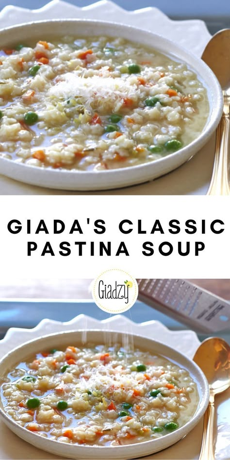 Pastina Soup | Recipe | Food network recipes, Pastina soup, Cooking recipes Broth Soups, Pastina Soup, Giada Recipes, Zuppa Toscana, Fettuccine Alfredo, Savory Soups, Soup And Stew, Soup Season, Soup And Sandwich