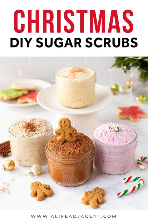 4 DIY Holiday Sugar Scrub Recipes Christmas Sugar Scrubs, Gingerbread Eggnog, Diy Sugar Scrub Recipe, Cookie Gingerbread, Easy Homemade Gifts, Body Scrub Recipe, Sugar Scrub Homemade, Peppermint Sugar, Sugar Scrub Recipe