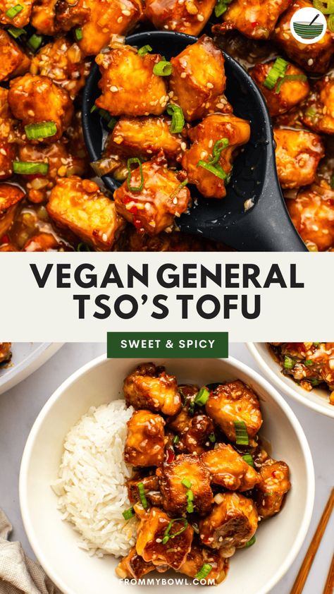 Indulge in the comfort of Chinese-American cuisine with this homemade General Tso's Tofu! It's made with wholesome ingredients, yet packed with sweet and spicy flavor. Ready in under 1 hour. Gluten-free, grain-free option. General Tso Tofu, General Tso, Tofu Dishes, Crispy Tofu, Homemade Chili, Tofu Recipes, Homemade Sauce, Vegan Dinner Recipes, Vegan Dinners