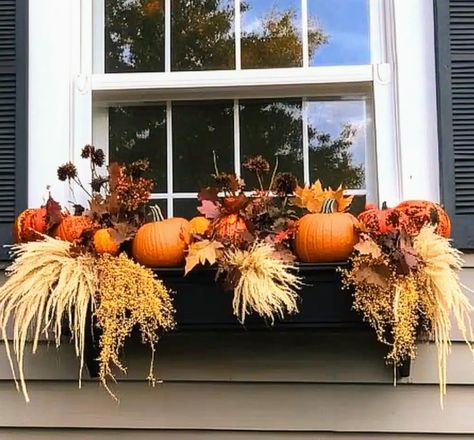 Halloween Planter Box Ideas, Fall Railing Planter Ideas, November Porch Decor, Fall Planter Box Ideas, Fall Planter Boxes, Fall Decor Ideas For The Home Porch, Thanksgiving Porch Decorations, Fall Front Yard, Fall Planters Front Porches