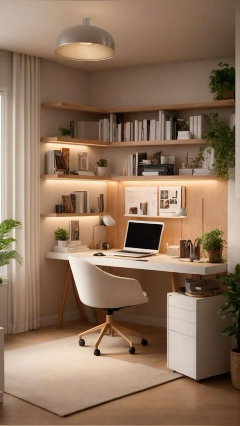 Home Office Inspiration Corner Desk, Garden Room Office Interior, Desk Side Storage, Wall Finishes Interior, Home Office Sloped Ceiling, Home Office Box Room, Built In Desk Bedroom, Dark Home Office Ideas, Home Office Two Monitors