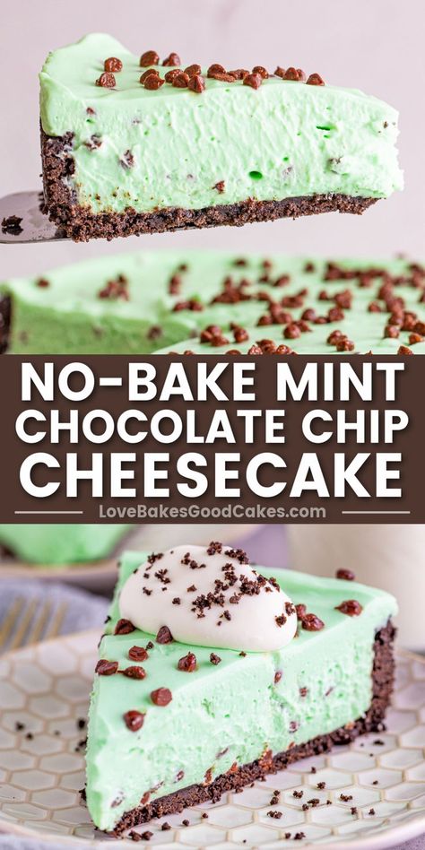 No-Bake Mint Chocolate Chip Cheesecake pin collage Mint Choc Chip Cake, Mint Chocolate Chip Pie, Mint Chocolate Chip Cheesecake, Fun Cheesecake, Flavored Cheesecake, Fun Cheesecake Recipes, Mint Chocolate Desserts, Mint Chocolate Cheesecake, Rusk Recipe