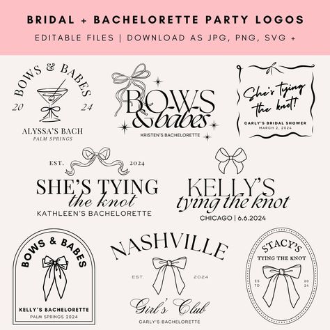 Unveil the charm of tying the knot with our "Bows and Babes" Bachelorette and Bridal Shower Logo Pack - an exquisite collection of 8 Canva editable logos. 🎀💍 This set seamlessly blends sophistication with playful flair, featuring cute bows illustrations that capture the essence of your celebrations. Customize each logo with Canva, adjusting text, colors, and details to align perfectly with your theme. Elevate your bachelorette bash or bridal shower with these unique and memorable logos. Export Event Planning Board, Bachelorette Themes, Event Logo, Diy Templates, Tying The Knot, Cute Bows, Tie The Knots, Create A Logo, The Knot