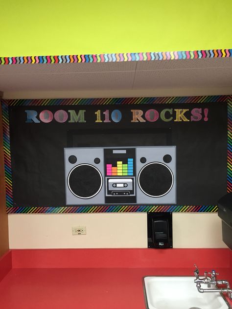 Boom box bulletin board Boom Box Bulletin Board, Band Bulletin Board Ideas, 80s Themed Bulletin Board, Rockstar Bulletin Board Ideas, 90s Bulletin Board Ideas, Hip Hop Bulletin Board Ideas, Rock N Roll Bulletin Board Ideas, 90s Theme Bulletin Board, 80s Bulletin Board Ideas