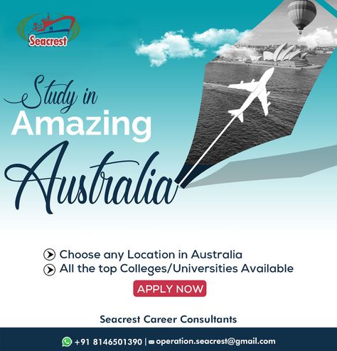 Apply your Australia Study Visa with Seacrest Career Consultants For Upcoming 2023 intakes. Apply for upcoming intake ✅To Get in touch with us Call us: + 91 8146501390 Email: operation.seacrest@gmail.com #studyinaustralia #australia #studyvisa #seacrest #seacreststudyabroad #highereducation #studentvisa #chandigarh #mohali Australia Study Visa, Tezhip Art, Study In Australia, Career Consultant, Social Media Advertising Design, Study Design, Overseas Education, Top Colleges, Cute Cartoon Drawings