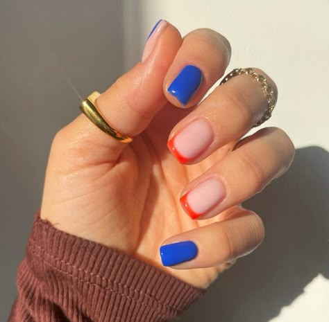 Nail Designs Orange And Blue, Royal Blue And Orange Nails, Turquoise And Orange Nails, Blue Nail Designs Summer, Nails Orange And Blue, Nails Ideas Orange, Nails Summer Orange, Marathon Nails, Nail Ideas Orange