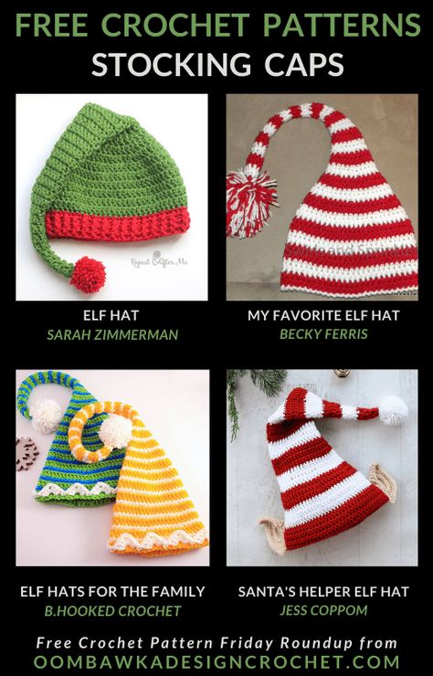 Crochet Stocking Cap, Crochet Elf Hat Pattern, Crochet Elf Hat, Modern Haken, Crochet Christmas Hats, Crochet Stocking, Crochet Leaf Patterns, Hat Patterns Free, Christmas Hats