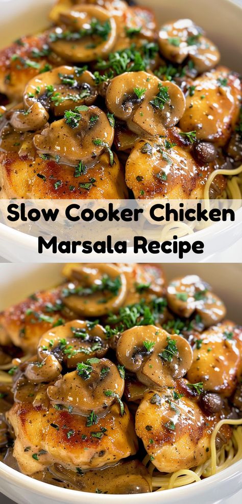 Easy Slow Cooker Chicken Marsala: flavorful chicken in a creamy Marsala sauce. Tasty dinner! Chicken Marsala Crockpot, Slow Cooker Chicken Marsala, Diet Dishes, Sausage Pie, Chicken Marsala Recipe, Marsala Recipe, Marsala Chicken Recipes, Easy Slow Cooker Chicken, Tasty Meals