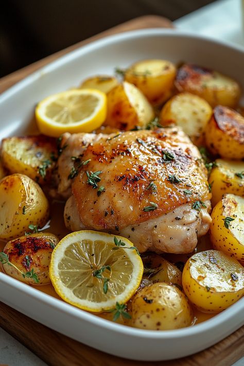 Greek Lemon Chicken and Potatoes Greek Lemon Chicken With Potatoes, One Pan Greek Lemon Chicken And Potatoes, Chicken And Lemon Recipes, Chicken Thigh And Potato Recipe, One Pot Chicken And Potatoes, Chicken Potatoes Recipes, Chicken Potato Skillet, Lemon Recipes Dinner, Healthy Eating Chicken