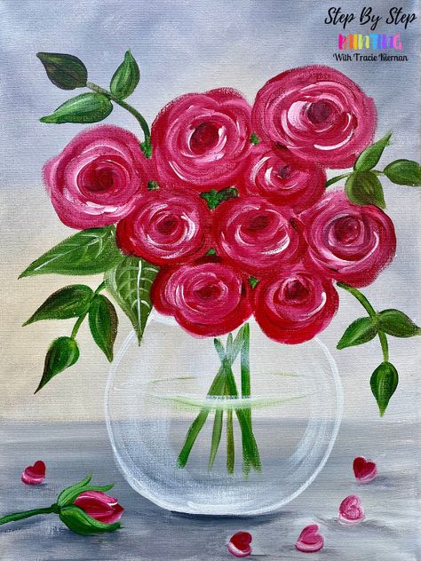 Tracie Kiernan, Paradise Painting, Round Glass Vase, Rose In A Glass, Painting Flowers Tutorial, Paint Easy, Daisy Painting, Canvas Painting Tutorials, Wine Night