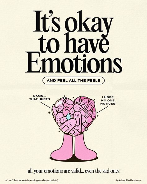 Photo by Adam, The ill-ustrator “Been going through it lately. This is a reminder to myself and to anyone else that needs to hear it. It’s okay to be sad.…” #visualcommunication #posterdesign #designfeed #designeveryday #posterdesigncommunity #graphicdesign #itsnicethat #illustration #illustrator #designer#tdkpeepshow #graphicinspiration #inspiration Emotions Graphic Design, Motivational Quotes Poster Wall Art, Cool Prints For Wall, Reminder To Myself, Mental Health Poster, Going Through It, Fun Illustration, Graphic Design Fun, Happy Words