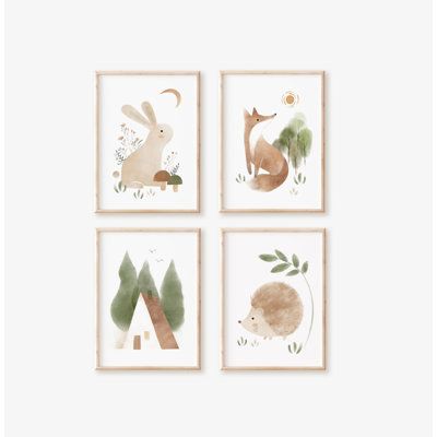 Set of 4 "unframed" 11 x 14'' woodland art prints. Let's take a stroll into an enchanting forest and see nature's majestic animals. This soft minimalist woodland animal set is simple, and chic, and adds a soft charming cuteness. Prints included: Bunny, Fox, Cabin, Hedgehog. | Nemo and Her Woodland Art Paper Print - Unframed Prints green/Red | C100124159_2124436100 | Wayfair Canada Kid Playroom, Woodland Art Print, Safari Art, Woodland Nursery Art, Enchanting Forest, Woodland Nursery Theme, Youth Decor, Woodland Animal Prints, Woodland Art