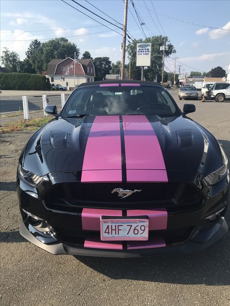 My 2017 Mustang GT Metallic Pink Stripes Pink Mustang Aesthetic, Black And Pink Mustang, 2017 Mustang Gt, Pink Mustang Gt, Mustang With Stripes, Girly Mustang, Pink And Black Car, Mustangs Cars, Pink Hellcat