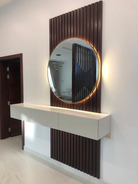 Rustic Elegance: Fall Decor Inspiration Mirror On Wood Slat Wall, Mirror On Slat Wall, Hallway Mirror Ideas Entry Ways, Wood Slat Wall With Mirror, Slat Wall With Mirror, Wooden Strips Wall Interiors, Entrance Furniture Ideas Entry Ways, Ikea Window Seat, Entry Inspiration