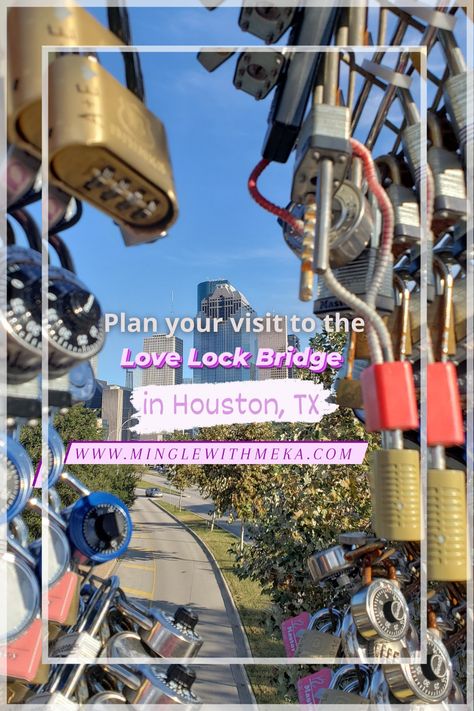 Looking for something to do in Houston? Visit the Love Lock Bridge! The concept comes from the well known Pont des Arts bridge in Paris where padlocks are attached by couples to symbolize their undying love. Houston’s Love Lock Bridge is located just above Allen Parkway. After your visit, enjoy the surrounding area. Love Lock Bridge Houston, Bridge In Paris, Love Lock Bridge, Visit Houston, Lock Bridge, Undying Love, Love Lock, Chain Link Fence, Pedestrian Bridge