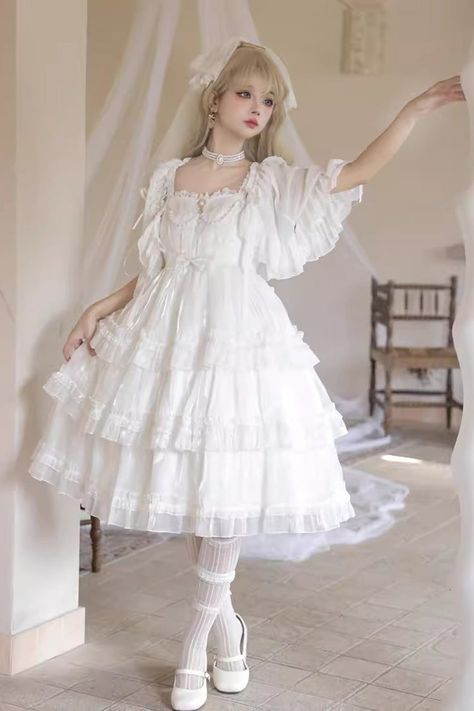 Fabric: Cotton Color: White Feature: Multi-layer, Ruffle, Bowknot Style: Sweet, Elegant, Princess Include: Dress*1 (Any of the accessory is not included.) Size Angelic Outfits, Kawaii Outfit Ideas, Poofy Dress, Kawaii Outfit, White Goth, White Ruffle Dress, Punk Dress, Ice Dresses, Lolita Outfits