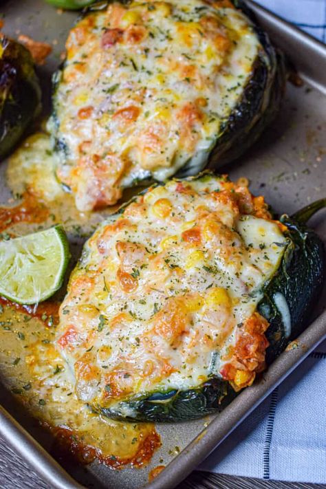 Chicken Stuffed Poblano Peppers - The Jam Jar Kitchen Feeding 15 People, Green Pepper Tacos, Chicken Stuffed Poblano Peppers, Chicken Stuffed Poblano, Southwestern Food, Stuffed Veggies, Poblano Peppers Recipes, Csa Farm, Poblano Peppers