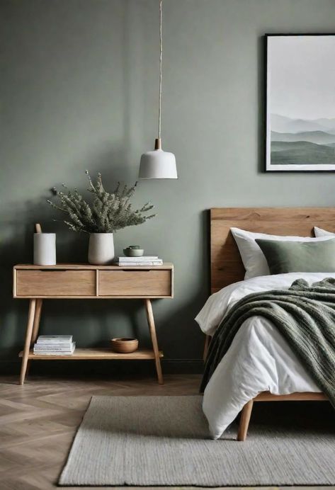 Grey Green Accent Wall Bedroom, Calm Earth Tone Boho Minimalist Bedroom, Green Tone Bedroom, Sage Green Farmhouse Bedroom, Soft Green Bedroom, Green Farmhouse Bedroom, Bedroom Ideas Trendy, Grey Green Bedrooms, Sage Green Farmhouse