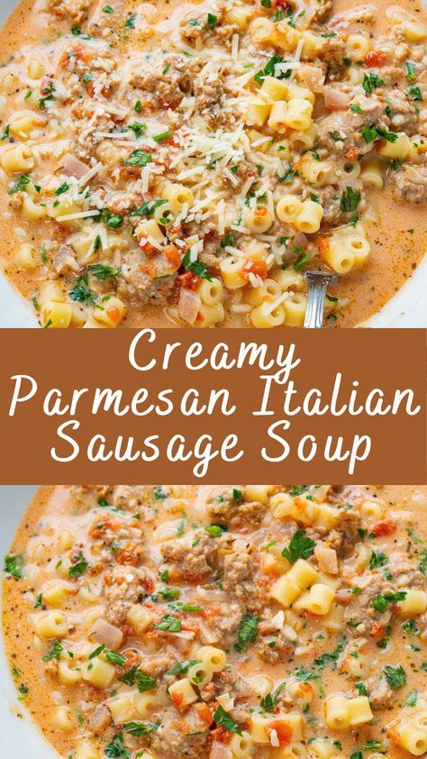 Creamy Parmesan Italian Sausage Soup Recipe | Cheff Recipes Creamy Italian Sausage Soup, Sausage Soup Recipes, Italian Sausage Soup, Creamy Parmesan, Sausage Soup, Fall Soups, Easy Soups, Easy Soup Recipes, Hearty Soups