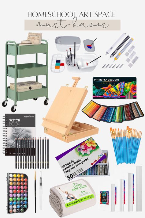 A collage of items for a homeschool art space.

Products feature a green three-drawer bin, a paintbrush cleaning set, an automatic fine-tip eraser, a tabletop easel, a sketch pad and graphite pencils, watercolor paints, a drop canvas, a pack of four sizes of canvas boards, paintbrushes, and Prismacolor colored pencils.

All items are budget-friendly and can be found easily on my Amazon shop. Things That Artists Need, Things To Paint For Your Teacher, Amazon Art Must Haves, Painting Items Products, Artist Must Haves Art Products, Drawing Supplies For Beginners, Art Supplies Every Artist Needs, Art Supplies Must Have, Drawing Supplies Organization