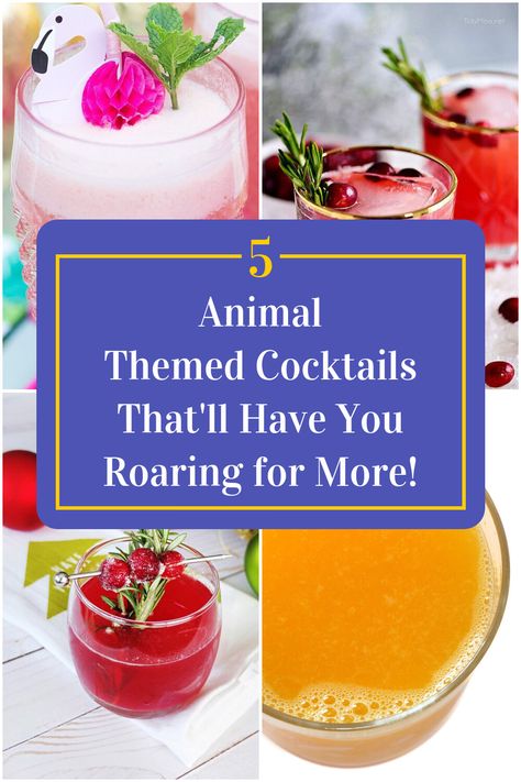 Collage of 4 animal themed cocktails. Animal Themed Cocktails, Farm Themed Cocktails, Jungle Themed Cocktails, Vet Med Themed Drinks, Cat Themed Cocktails, Animal Cocktails, Alcoholic Drink Names, Themed Cocktail Recipes, Animal Themed Food