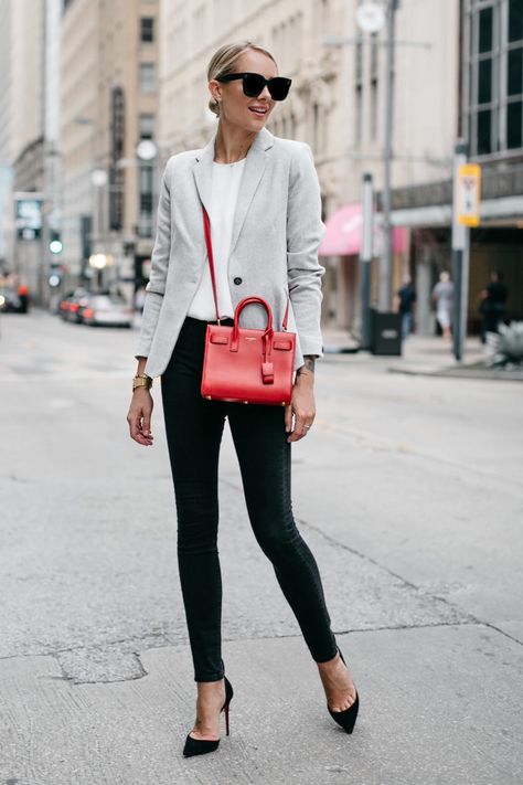 The perfect Grey blazer   Lauren B Montana Grey Blazer Outfit Women, Grey Blazer Women, Grey Blazer Outfit, Light Grey Blazer, Blazer Outfits For Women, Red Purse, Fashion Jackson, Red Bag, Red Handbag