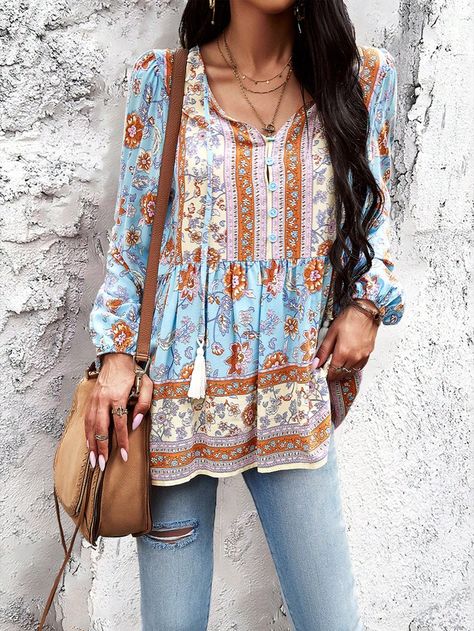 Blue Boho Collar Long Sleeve Fabric Floral,All Over Print Peplum Embellished Non-Stretch  Women Clothing Boho Patchwork, Woman Clothes, Tops Fashion, Ladies Tops, Peplum Blouse, Fabric Floral, Knee Socks, Fashion Seasons, V Neck Blouse