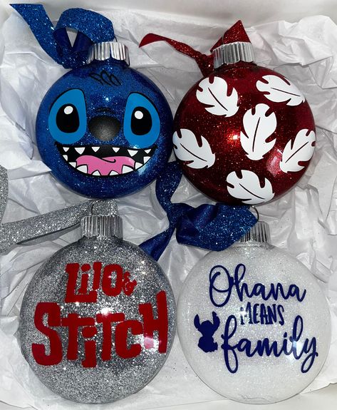 One of the cutest movies out there so why not turn it into an ornament set! This set includes 4 ornaments from the lilo & stitch movie! Each ornament is 3 inches and plastic! Ornaments are designed using permanent vinyl. No returns ! Stitch Disney Christmas Tree, Stitch Tree Christmas, Diy Stitch Christmas Ornaments, Christmas Custom Ornaments, Lilo And Stitch Ornament Diy, Christmas Tree Stitch, Dinosaur Ornament Diy, Diy Christmas Ornaments With Cricut, Diy Christmas Ornament Gifts