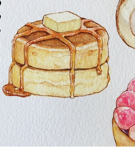 Cute Food Paintings, Food Drawing Reference, Cake Drawing Aesthetic, Watercolor Art Food, Food Drawing Sketches, Drawings Of Food, Food Watercolor Illustration, Watercolor Food Illustration, Desserts Drawing