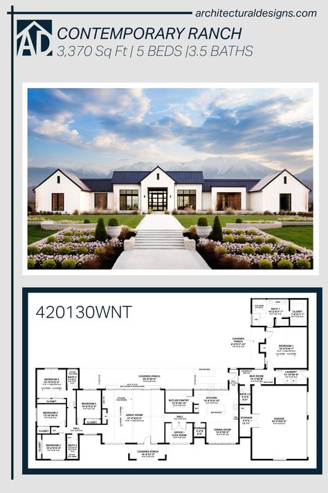 Contemporary Ranch House Plan 420130WNT gives you 3370 square feet of living space with 5 bedrooms and 3.5 baths House Plans Around 2000 Sq Ft, H Floor Plan, 7 Bedroom House Plans 1 Story, 4 Bedroom House Plans Open Floor Jack And Jill, 7 Bedroom Ranch House Plans, Six Bedroom House Plans One Story, 5 Bedroom Plus Office Floor Plan, House Design Plans One Floor 4 Bedrooms, Midwest House Plans