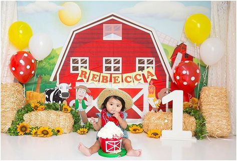 Farmer Cake smash girl. First Birthday farm theme Barn Backdrop, Barnyard Theme, Barnyard Birthday Party, Farm Theme Birthday, Farm Animals Birthday Party, Farm Themed Birthday Party, Farm Cake, Barnyard Party, Farm Animal Birthday