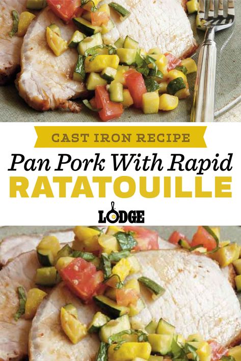 Pork loin is seared then baked in a cast iron skillet and served over browned squash, zucchini, and tomatoes. Entrees Recipes, Zucchini And Tomatoes, Electric Skillet Recipes, Squash And Zucchini, Squash Zucchini, Pork Ham, Cast Iron Recipes, Soft Foods, Ham Recipes