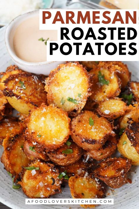 These Parmesan Roasted Crispy Potatoes are magic with crispy edges and fluffy interiors, all coated in a savory blend of Parmesan cheese, garlic, and herbs, that will have everyone coming back for seconds. Parmesan Oven Potatoes, Roast Parmesan Potatoes, Yellow Potatoes Recipes Healthy, Crispy Garlic Butter Potatoes, Parmesan Potatoes Recipes, Easy Way To Cook Potatoes, Garlic Crispy Potatoes, Potatoes Parmesan Garlic Oven Baked, Roasted Cheese Potatoes